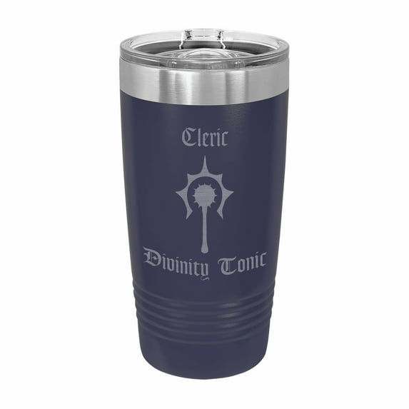 PrecisionNC D&D Tumbler Cleric Divinity Tonic Engraved Stainless Steel Travel Mug with Lid Dungeons Dragons DND 20 ounce Navy Blue