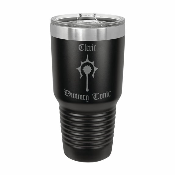 PrecisionNC D&D Tumbler Cleric Divinity Tonic Engraved Stainless Steel Travel Mug with Lid Dungeons Dragons DND 30 ounce Black