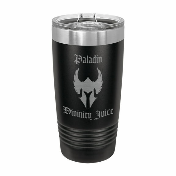 PrecisionNC D&D Tumbler Paladin Divinity Juice Engraved Stainless Steel Travel Mug with Lid Dungeons Dragons DND 20 ounce Black