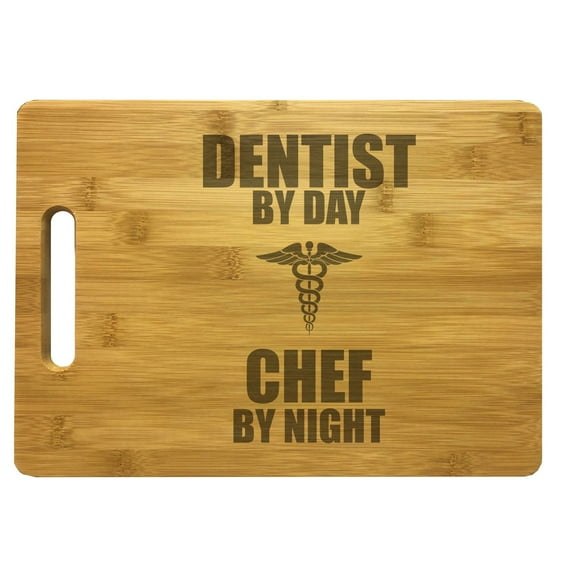 PrecisionNC DDS Gifts Dentist by Day Chef by Night Caduceus Symbol Engraved Large Sized Natural Wood Cutting Board Bamboo