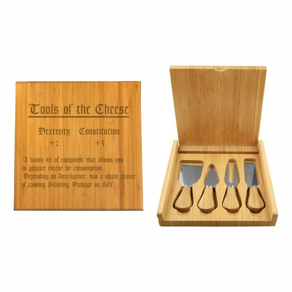 PrecisionNC DND Gifts for Cheese Lover Tools of the Cheese Funny Item Description Engraved Bamboo Cheese Tools Set With Case, D&D Dungeons Dragons