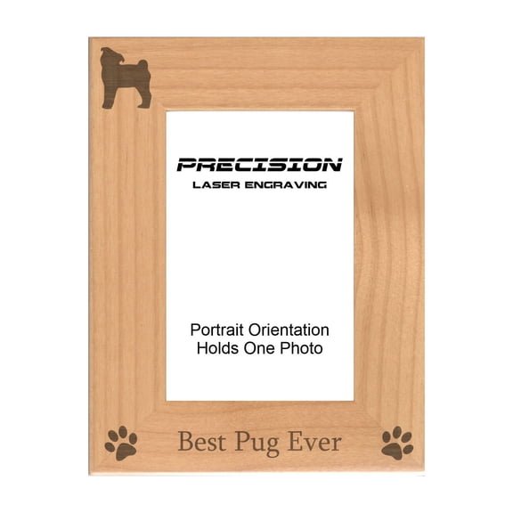 PrecisionNC Engraving Dog Pet Frames Best Pug Ever with Paw Prints Engraved Natural Wood Picture Frame 4x6 Portrait