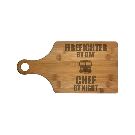 PrecisionNC Fireman Gifts Firefighter by Day Chef by Night Engraved Paddle Shaped Natural Wood Cutting Board Bamboo