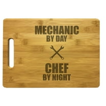PrecisionNC Gearhead Gifts Mechanic by Day Chef by Night Engraved Large Sized Natural Wood Cutting Board Bamboo