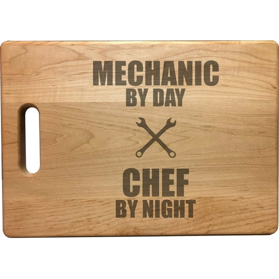 PrecisionNC Gearhead Gifts Mechanic by Day Chef by Night Engraved Large Sized Natural Wood Cutting Board Maple
