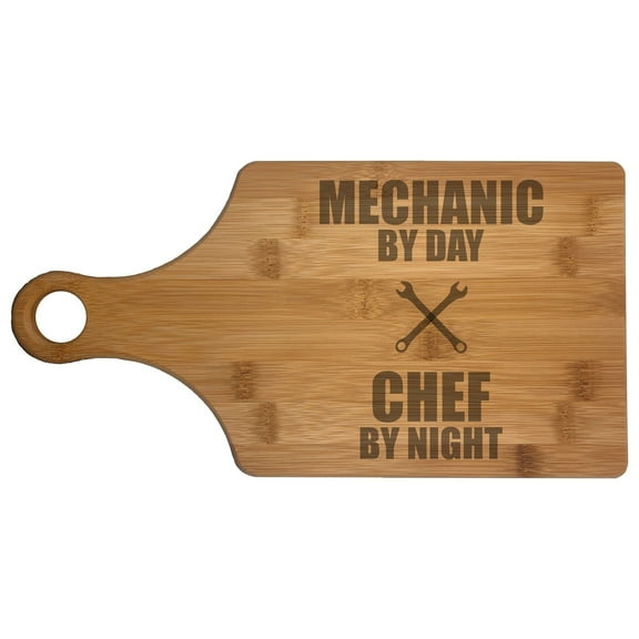 PrecisionNC Gearhead Gifts Mechanic by Day Chef by Night Engraved Paddle Shaped Natural Wood Cutting Board Bamboo