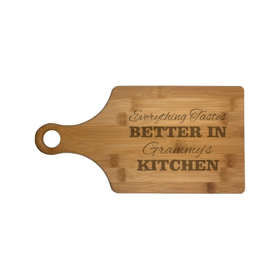 PrecisionNC Gift for Grandma Everything Tastes Better in Grammy's Kitchen Engraved Paddle Shaped Natural Wood Cutting Board Bamboo
