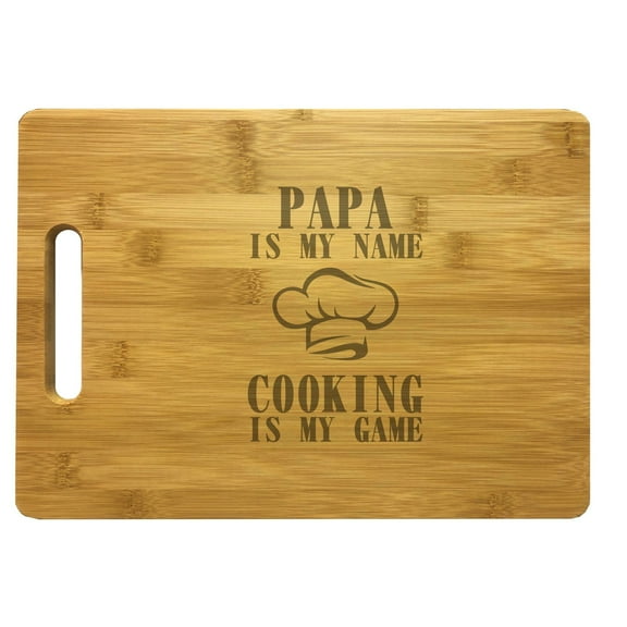 PrecisionNC Grandpa Gifts Papa My Name Cooking My Game Engraved Large Sized Natural Wood Cutting Board Bamboo