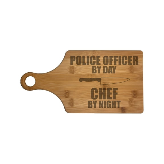 PrecisionNC Law Enforcement Gifts Police Officer by Day Chef by Night Engraved Paddle Shaped Natural Wood Cutting Board Bamboo