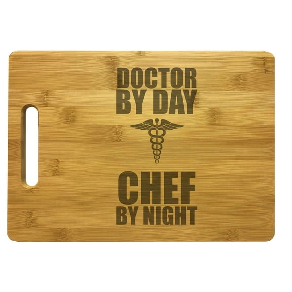 PrecisionNC MD Gifts Doctor by Day Chef by Night Caduceus Symbol Engraved Large Sized Natural Wood Cutting Board Bamboo