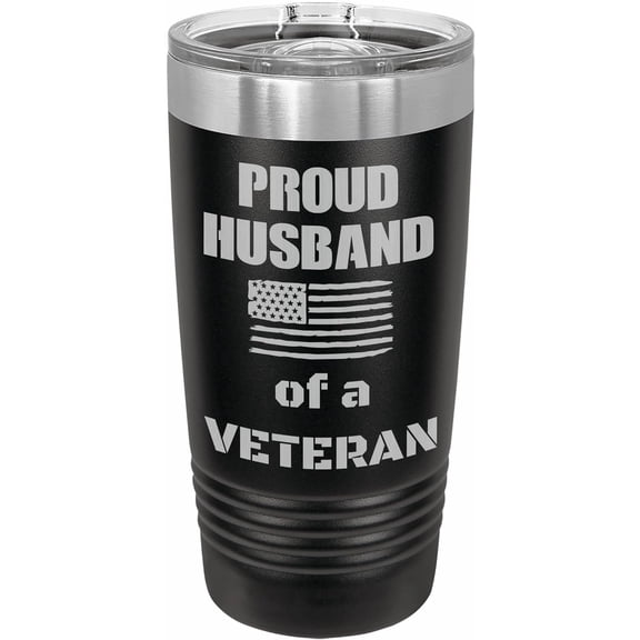 PrecisionNC Military Gifts Proud Husband of a Veteran American Flag Engraved Stainless Steel Travel Mug Tumbler with Lid