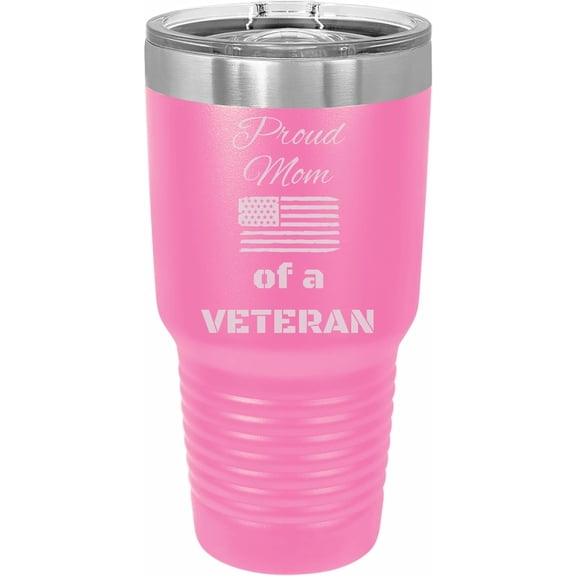PrecisionNC Military Gifts Proud Mom of a Veteran American Flag Engraved Stainless Steel Travel Mug Tumbler with Lid 30 ounce Pink