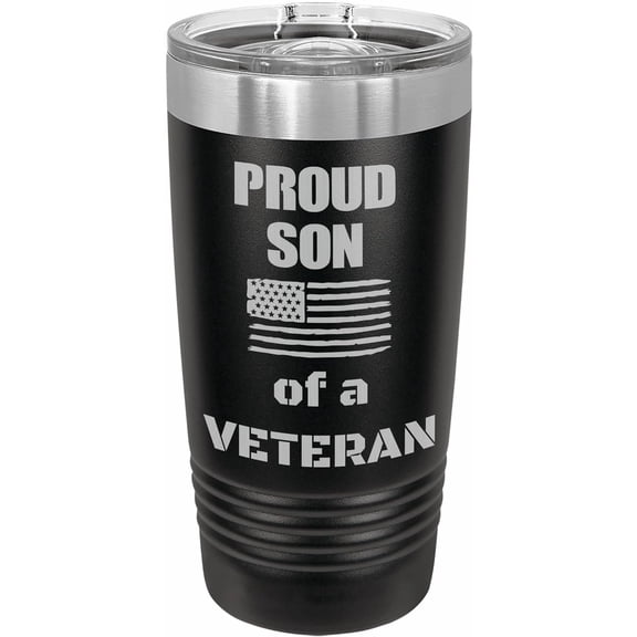 PrecisionNC Military Gifts Proud Son of a Veteran American Flag Engraved Stainless Steel Travel Mug Tumbler with Lid 20 ounce Black