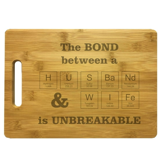 PrecisionNC Nerdy Gifts Bond Between Husband Wife Lasts Forever Engraved Large Sized Natural Wood Cutting Board Bamboo Table of Elements