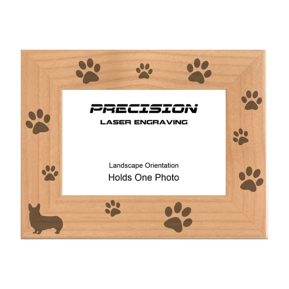 PrecisionNC Pet Frame Corgi with Paw Prints Engraved Natural Wood Picture Frame for Dogs 4x6 Landscape