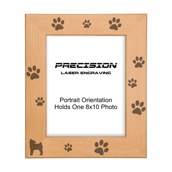 PrecisionNC Pet Frame Pug with Paw Prints Engraved Natural Wood Picture Frame for Dogs 8x10 Portrait