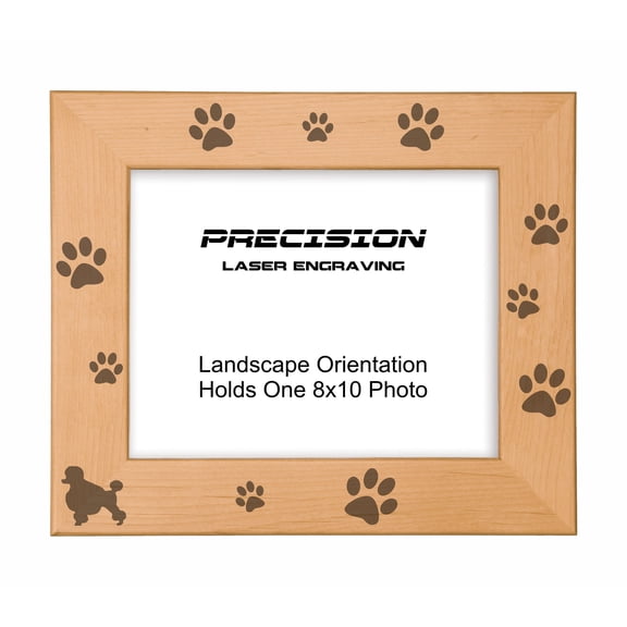 PrecisionNC Pet Frame Poodle with Paw Prints Engraved Natural Wood Picture Frame for Dogs 8x10 Landscape