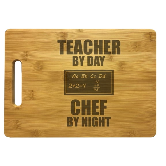 PrecisionNC Teacher Gifts Teacher by Day Chef by Night Engraved Large Sized Natural Wood Cutting Board Bamboo