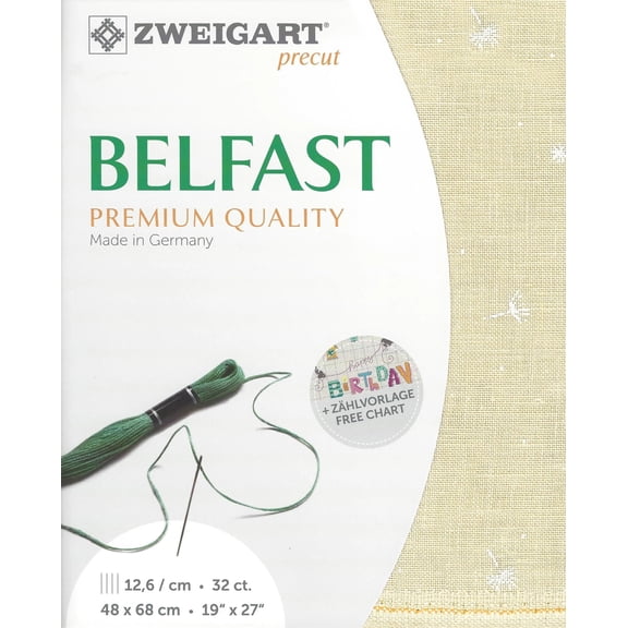 Wizardi Belfast Wish Beige White Pattern 3609 2409, Precut Zweigart 32 Count Linen Cross Stitch Fabric, 100% Natural Embroidery Cloth, 19x27 in for Adults