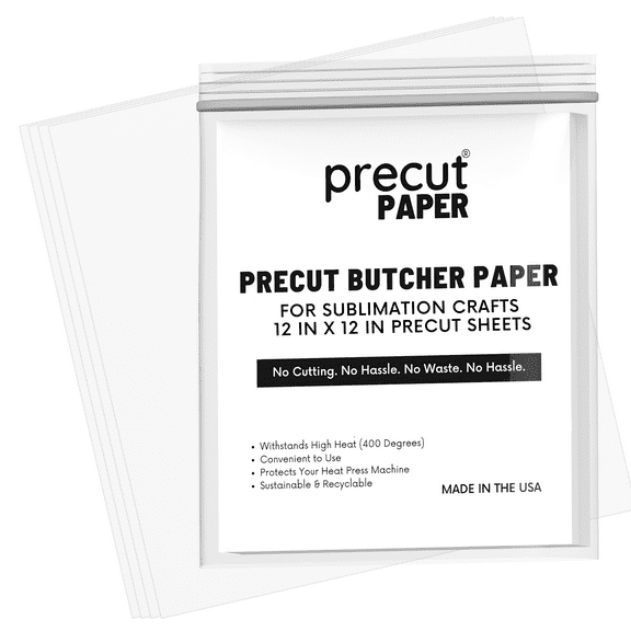 Precut Butcher Paper Sheets for Sublimation & Heat Press Crafts, (12 in x 12 in) White, Uncoated, 50 Sheets