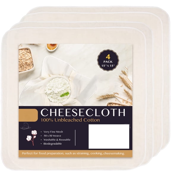 Precut Cheesecloth, 15x15 Inches 4 Pack, Grade 100 Ultra Fine Unbleached Cotton Muslin for Straining Cheese, Yogurt, Nut Milk, Cooking, Wine Making, Juice, Spice Wrapping, DIY Crafts, Beige