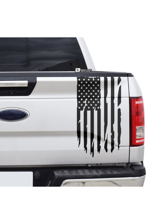 Precut Distressed American Flag Side Rear Tailgate Decal Sticker fits Most Pick Up Trucks, Matte Black