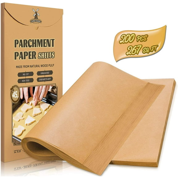 Precut Parchment Paper Sheets for Baking, 200 Pack 12x16 Inch Half Size Pan Liners, Unbleached Non-Stick Oven Microwave Safe Up to 450F, FSC Certified Wood Pulp