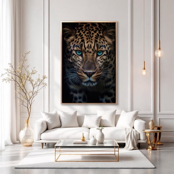 Predator Leopard Wall Art Wildlife Decor Hunter Art Blue Eyed Big Cat Wall Art Black Background Stylish Wild Animal Decor For Gift Home Decor, 8x12 UNFRAMED