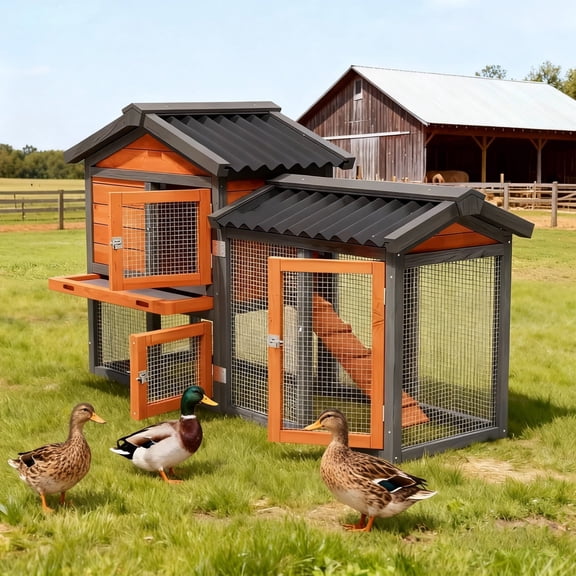Predator Proof Outdoor 2 Story Duck Condo with Weatherproof Brooder,Duck Hutch with Wire Mesh Run,58",Orange with Black