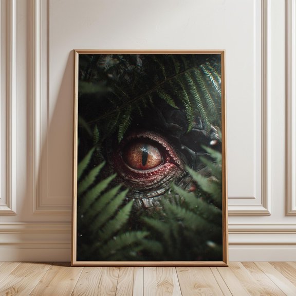 Predatory Dinosaur Eye Hidden In Dark Jungle Ferns Cinematic Fantasy Creature Wall Art Print, Unframed Paper Print