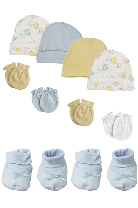 Preemie Baby Boy Caps with Infant Mittens and Booties - 10 Pack