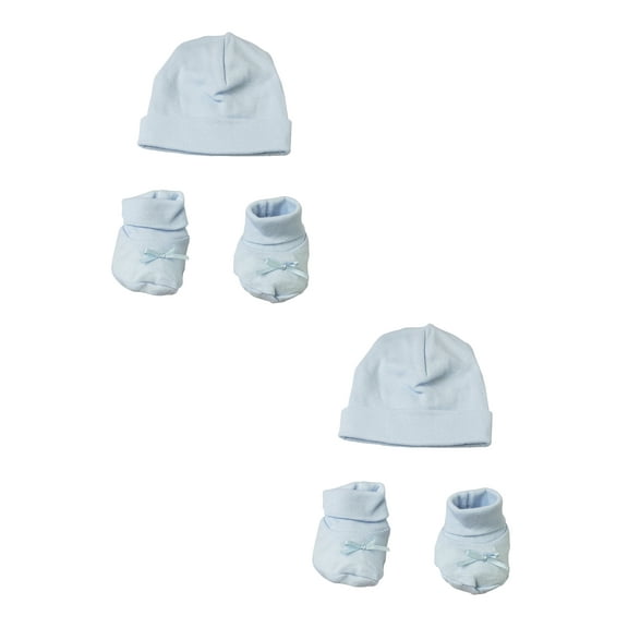 4-Piece Solid Baby Blue Infant Clothing Essentials Preemie Caps and Booties, 8"
