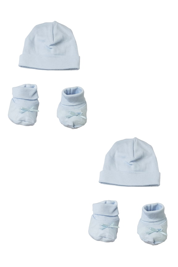 4-Piece Solid Baby Blue Infant Clothing Essentials Preemie Caps and Booties, 8"