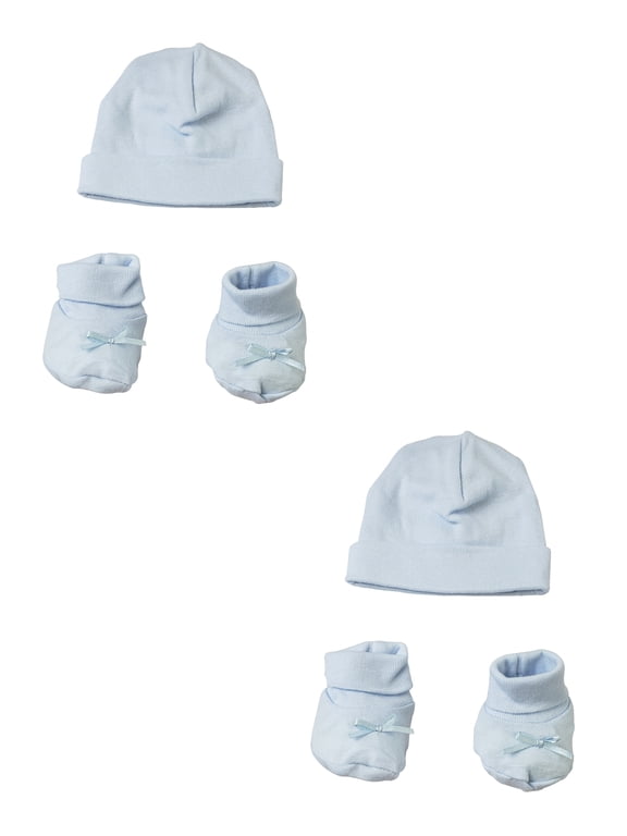 4-Piece Solid Baby Blue Infant Clothing Essentials Preemie Caps and Booties, 8"