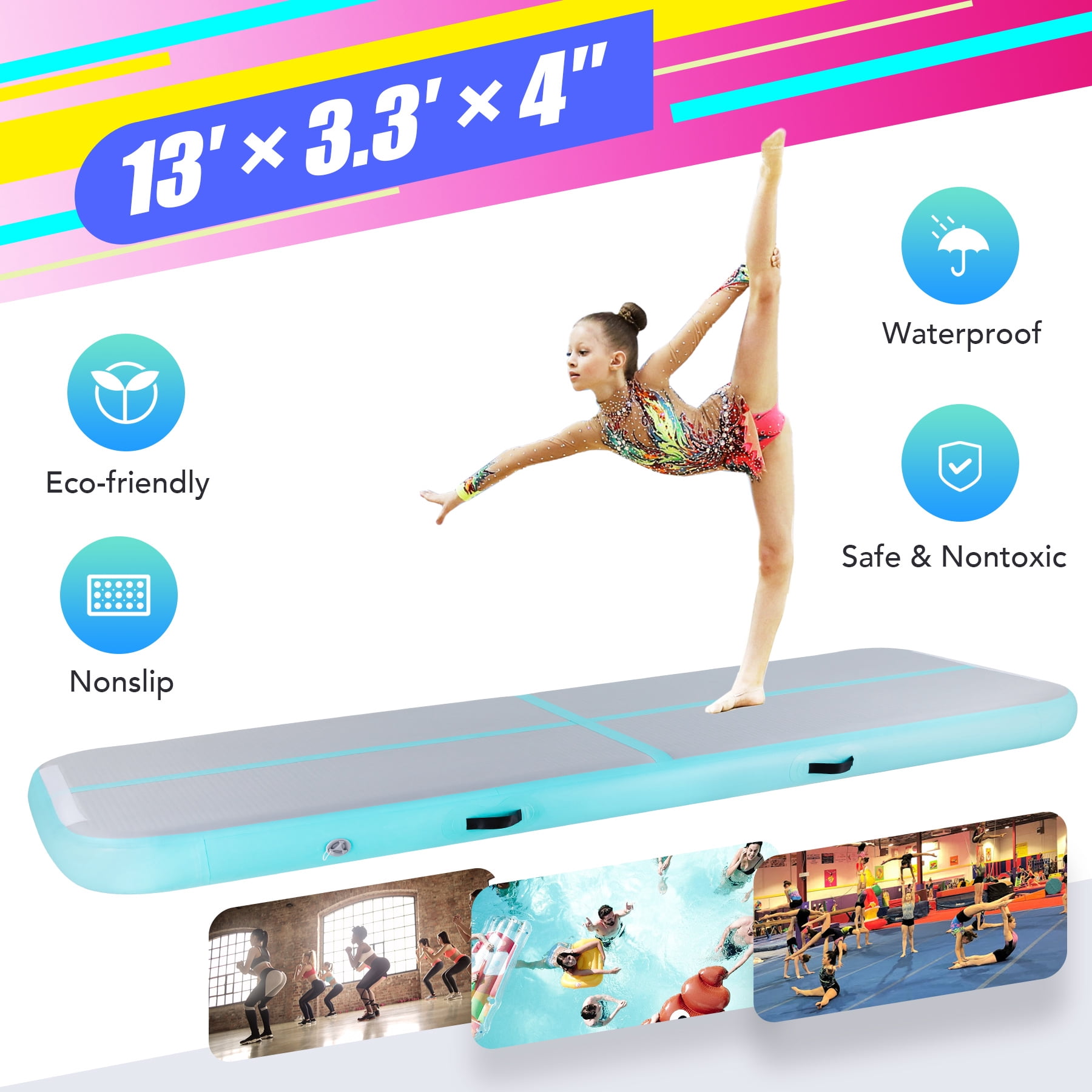 Preenex 13ft Air Track Gymnastics Mat for Home Gym Beach and More, Mint/Gray