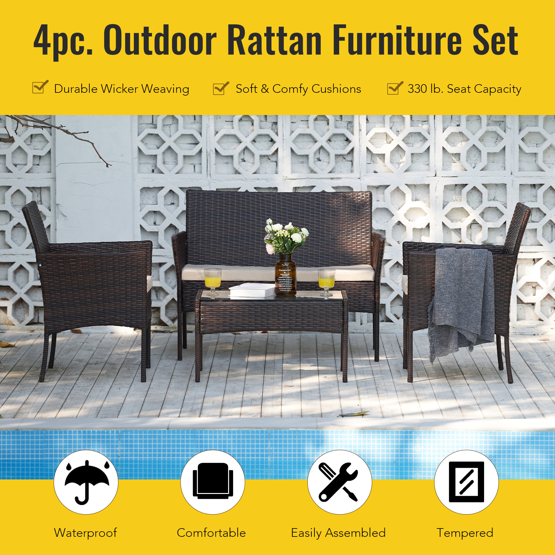 Preenex 4 Pieces Patio Chair Garden Furniture Set for Backyard Lawn Porch Poolside Balcony with Coffee Table, Walnut & Beige