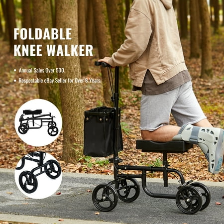 Preenex Foldable Knee Scooter Walker with Adjustable Kneeling Pad & Handlebar Black