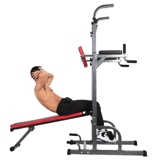 Preenex Power Tower Dip Station Pull Up Bar Strength Training with Dumbbell Bench Multi-Function Equipment for Home Gym Indoor Use, Gray