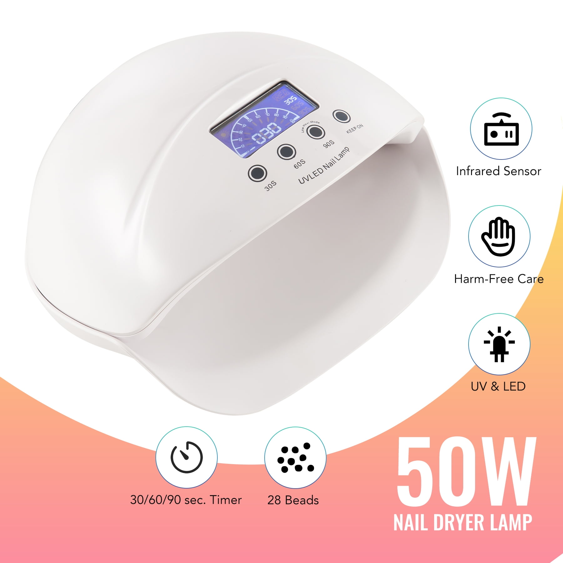 Preenex Professional Salon Nail Dryer Lamp with 50W LED UV Lights and Timer, White
