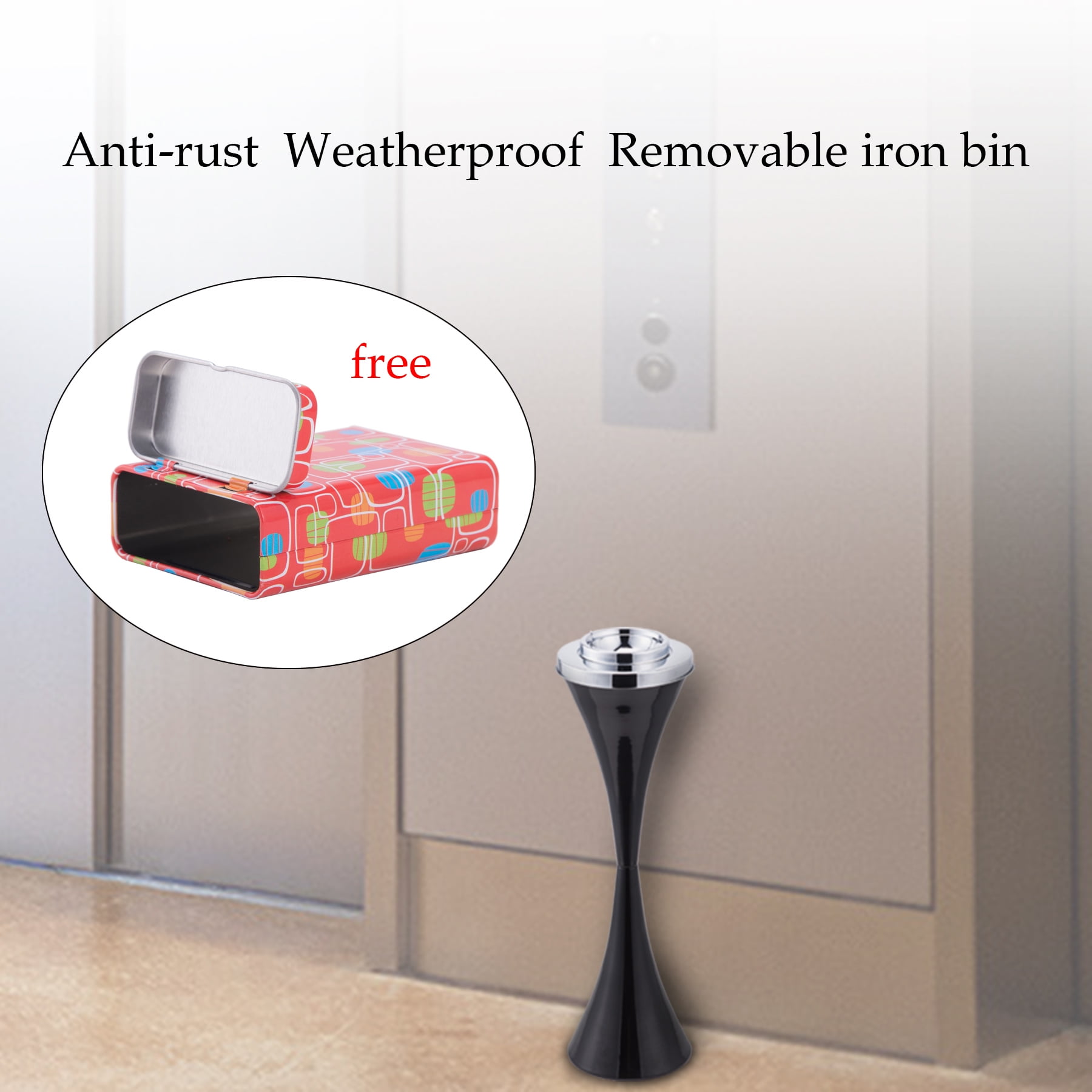 Preenex Stainless Steel Floor Standing Ashtray Receptacle with Lid Contemporary Retro Self-Cleaning Outdoor Black
