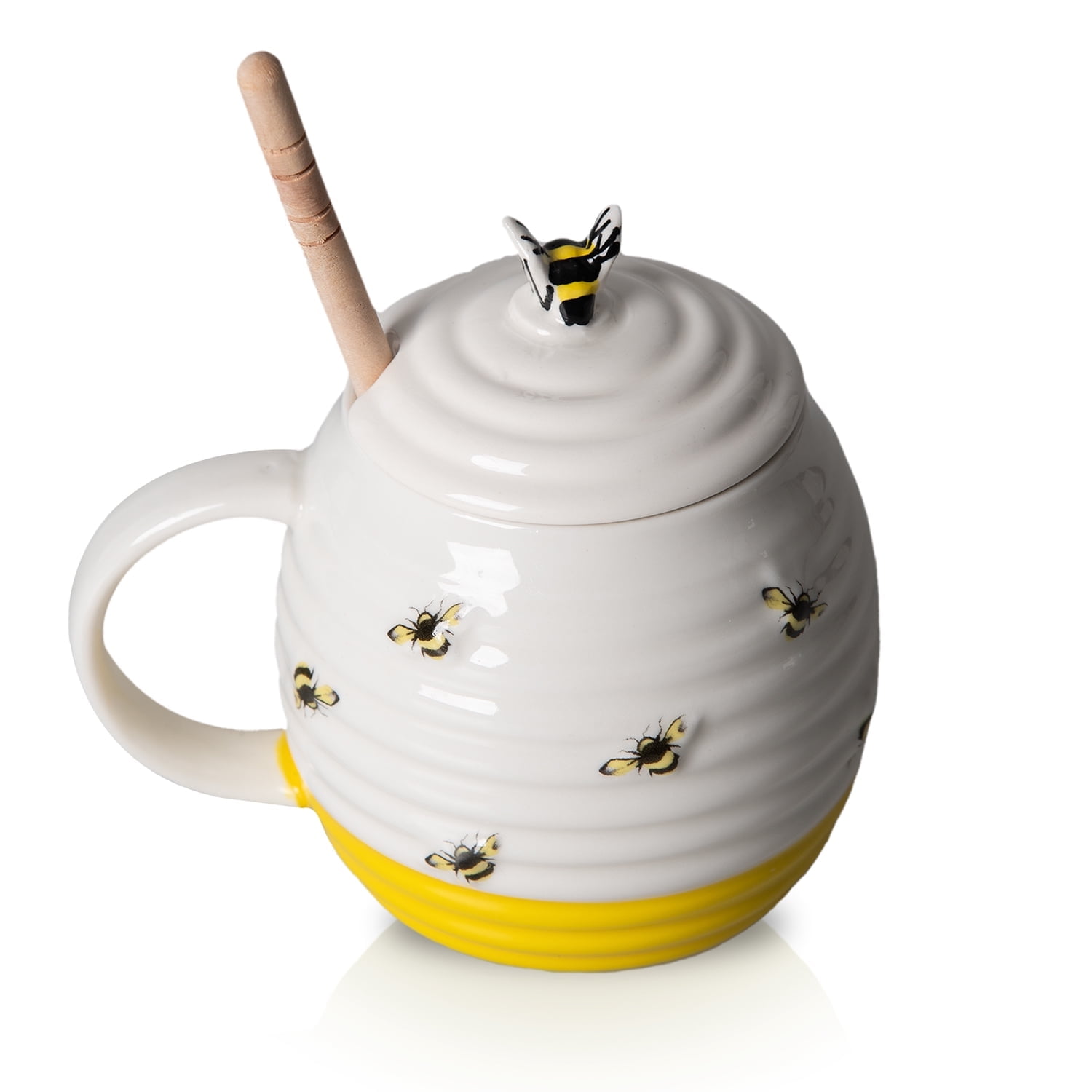 Prefdo Ceramic Honey Pot Jar with Wood Drizzler, British Designed Honey Jar With Honey Dipper, Perfect for Honey and Maple Syrup, 350ml
