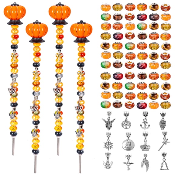 Prefdo Decorative Garden Stake DIY Fairy Wand Plant Stake Beaded Stakes with 4 Autumn Pumpkin Topper 4 Threaded Rod 12 Silver Pendant 80 Large Hole Bead for Halloween Fall Christmas Outdoor Decor
