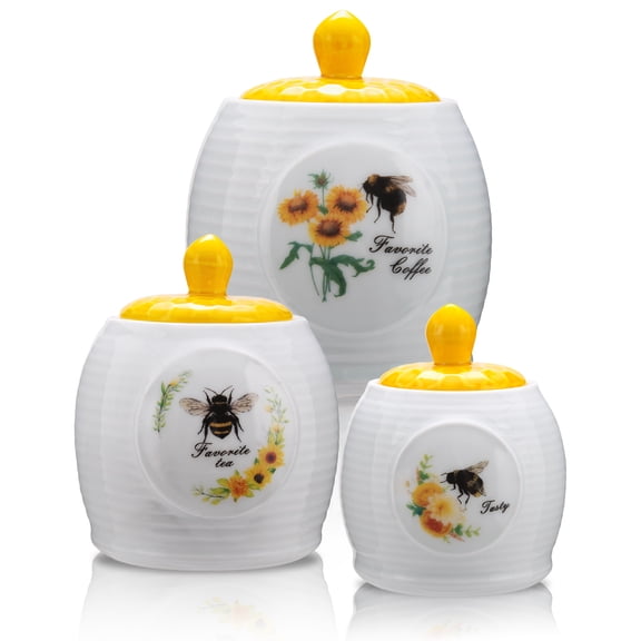 Prefdo Kitchen Storage Canisters Honey Bee & Flower Pattern Ceramic Tea Coffee Sugar Storage Canister Jar with Airtight Lid for Home Modern Kitchen, Set of 3 Canisters