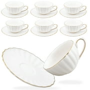 Prefdo Porcelain Tea Cups and Saucers Set of 6, British Style Ceramic Tea Cup Coffee Mug Espresso Cup White Tea Cup Set for Women Home Kitchen Office Coffee Sho