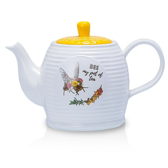 Prefdo Porcelain Tea Pot Honey Bee Pattern Ceramic Teapot White Coffee Pot Water Kettle 1000 ml for Home Kitchen Office Coffee Shop Tea Party, Gift Package