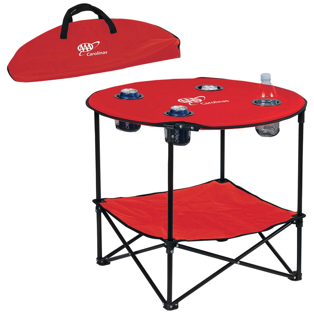 Red Polyester Round Folding Outdoor Table with Mesh Cup Holders