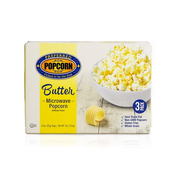 Preferred Popcorn Microwave Popcorn, SBF3Buttery Popcorn, 18 Pack - Non-GMO, Whole Grain, Gluten Free