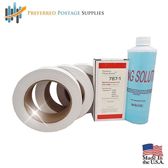 Preferred Postage Supplies Compatible 787-1 Max Volume Ink Cartridge Compare to Pitney Bowes 787-1 + (3 Rolls) 613-H Connect Tape for Pitney Bowes Connect + Series and 16 oz Bottle of Sealing Solution