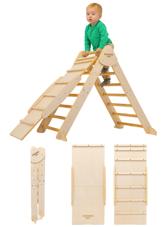 Preferred Toys 3-in-1 Pikler Triangle Set Toddler Climbing Wall, Stairs & Slide for Kids