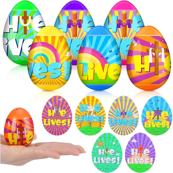 Prefilled Christian Easter Egg Set, 24 Resurrection Eggs With He Lives Jigsaw Puzzle And Wrappers, Religious Basket Stuffers For Sunday School, Holy Week Party Favors